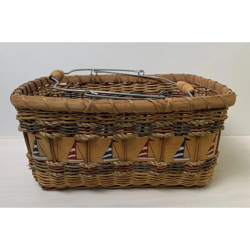 Vintage Nautical-Themed Woven Basket Wire Bail Handles Sailboat Design 10
